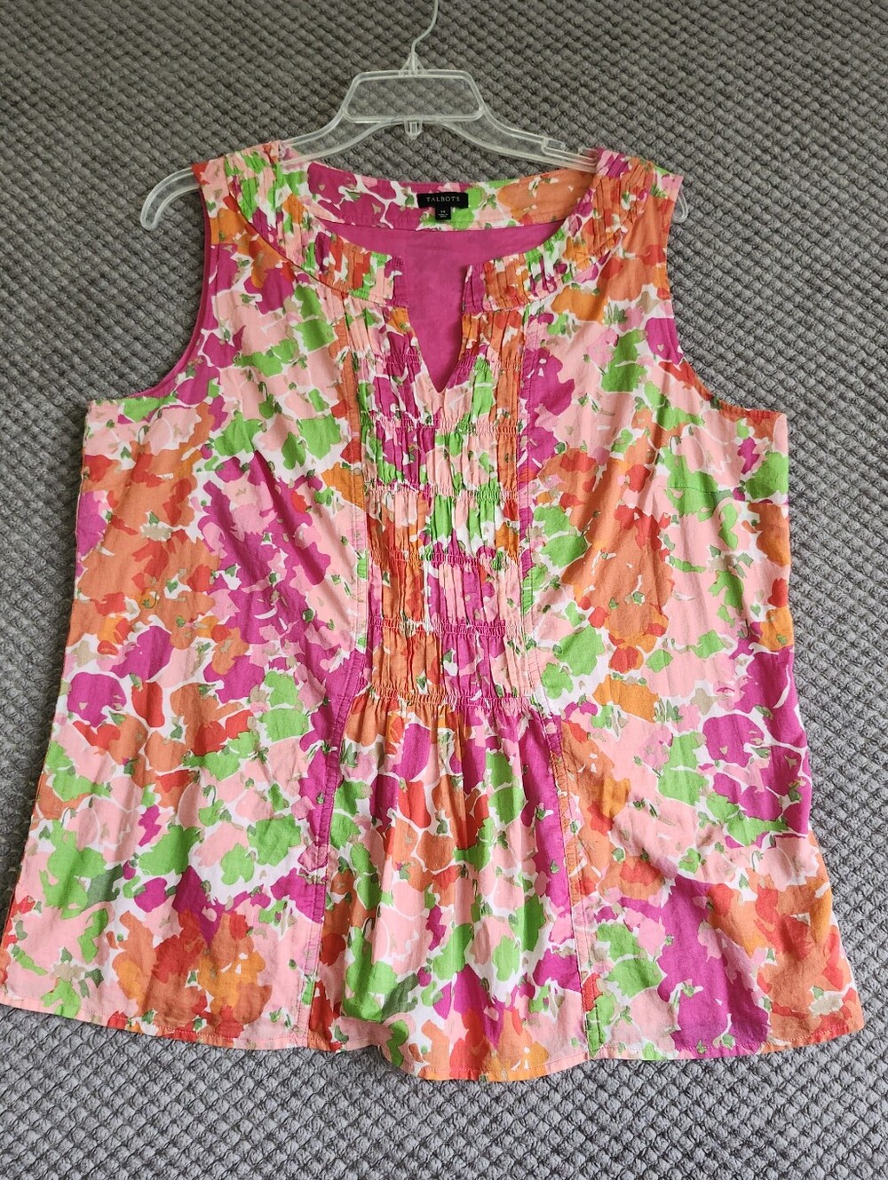 Talbots Floral Pintuck Sleeveless Top — Pink, Orange & Green
